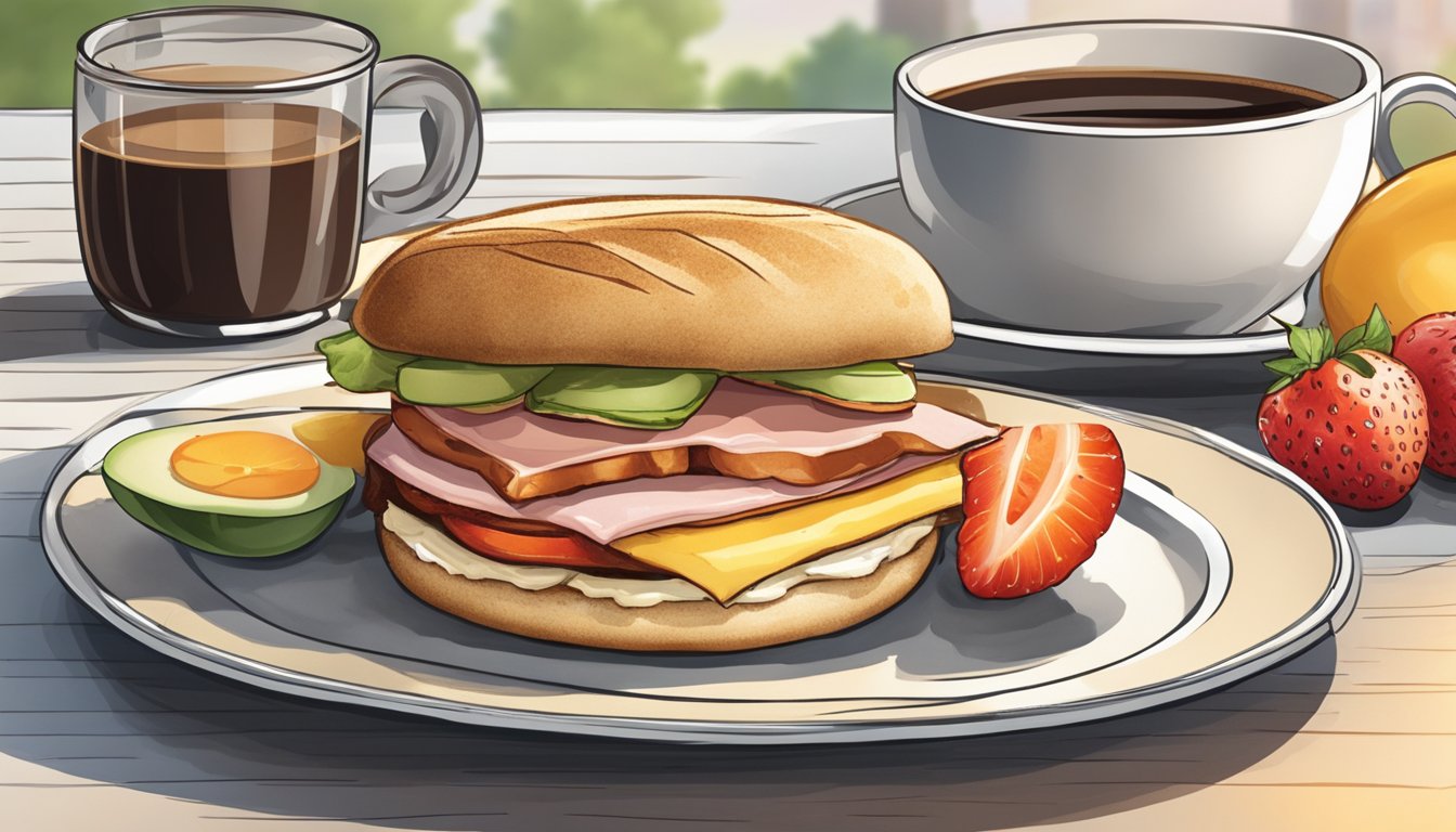 A breakfast sandwich sits on a plate, surrounded by fresh fruit and a steaming cup of coffee. The sandwich is neatly arranged with Canadian style bacon and a toasted English muffin