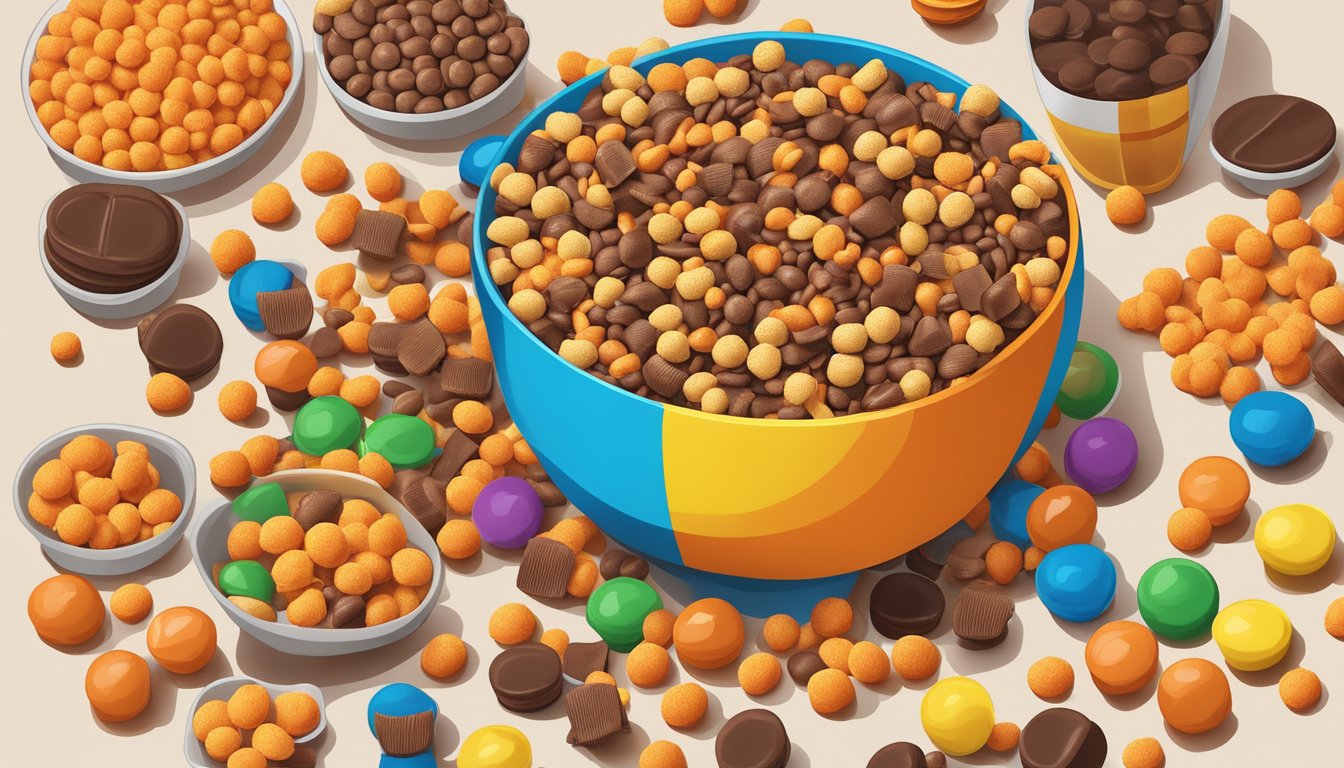 A colorful bowl overflowing with Reese's Puffs cereal, surrounded by sugary kids' cereals and dessert treats