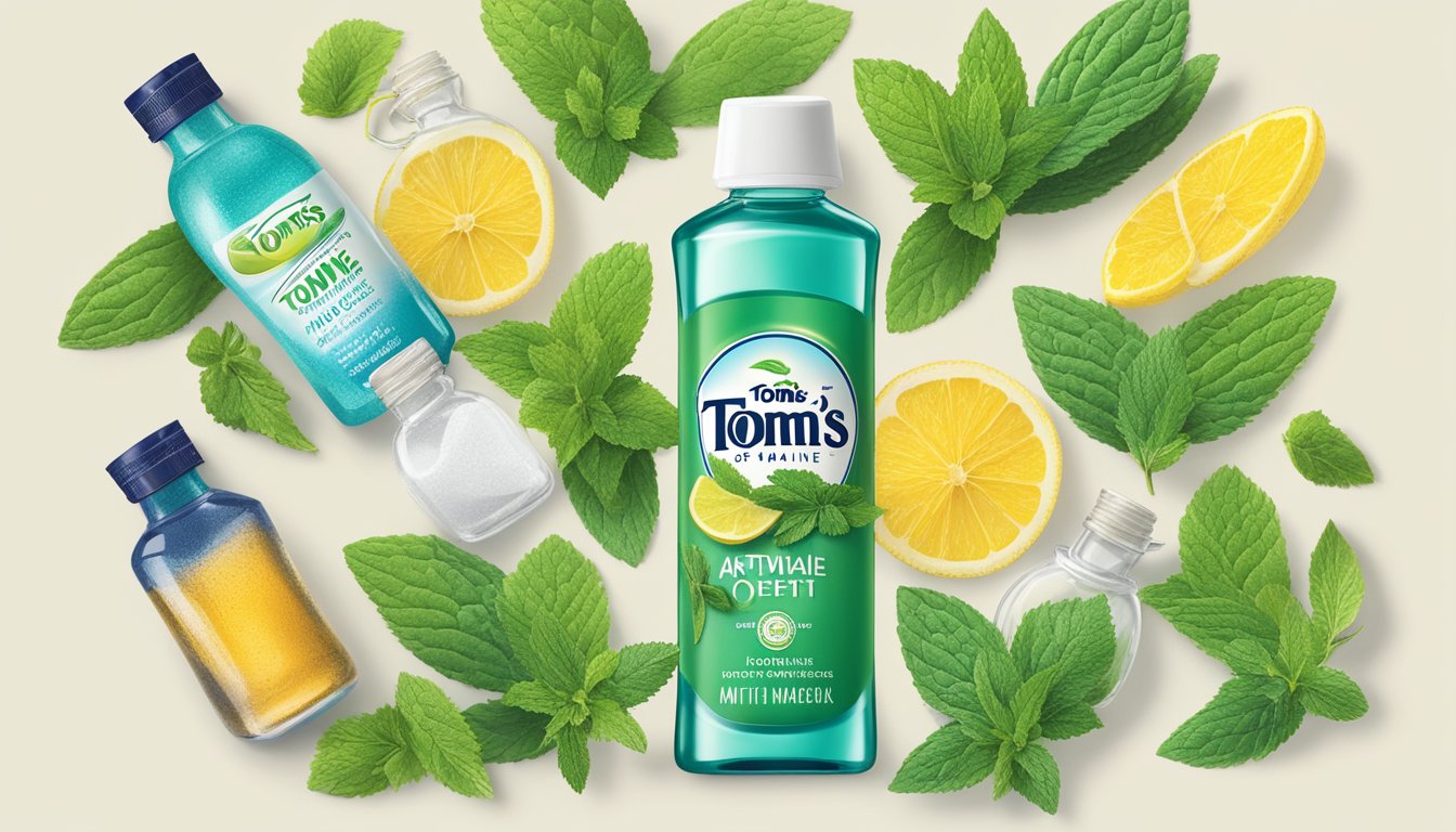 A colorful array of natural ingredients, like mint leaves and tea tree oil, contrasted with artificial additives in a bottle of Tom's of Maine mouthwash