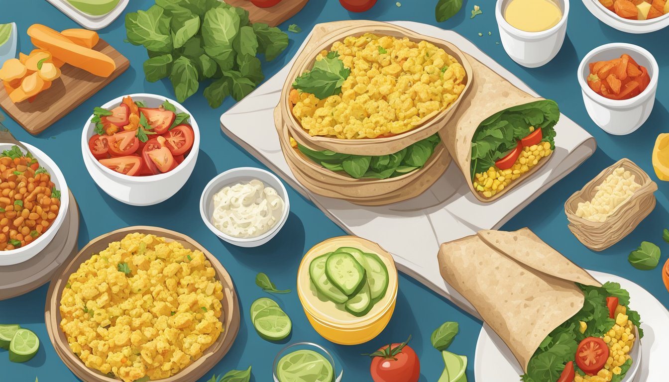 A colorful breakfast wrap filled with tofu scramble, vegetables, and a variety of healthy ingredients, surrounded by a collection of frozen breakfast items to avoid