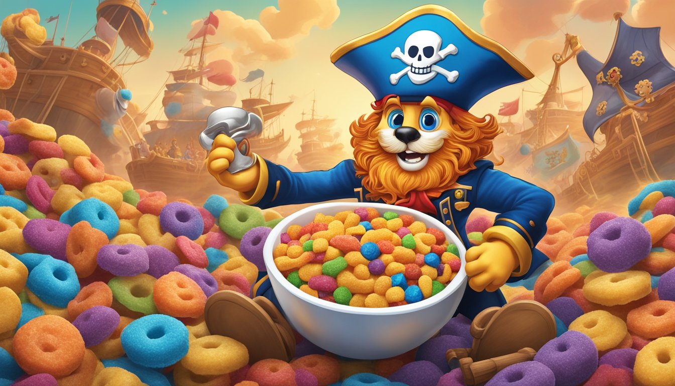 A bowl of Cap'n Crunch cereal surrounded by colorful, sugary toppings and a cartoonish pirate mascot