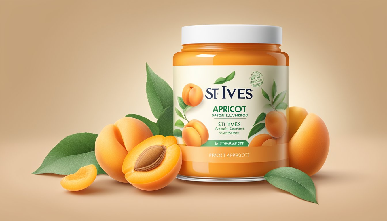 A jar of St. Ives Apricot Scrub surrounded by fresh apricots and artificial ingredients like plastic and chemicals