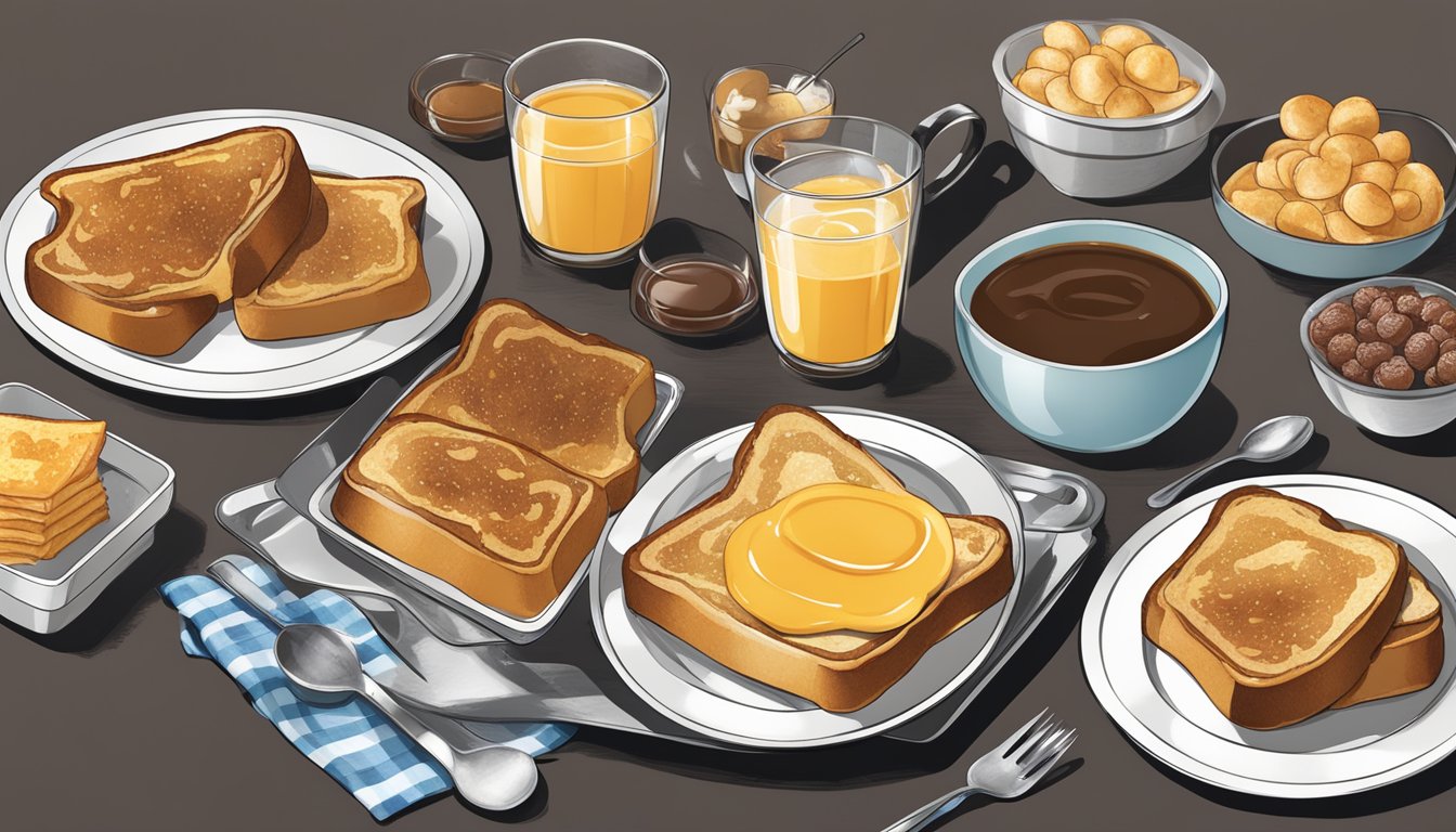 A table set with a plate of Banquet Brown 'N Serve French Toast, surrounded by various frozen breakfast items to skip