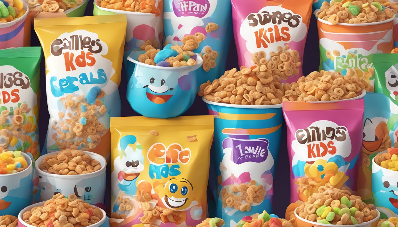 A colorful array of sugary kids' cereals spilling out of open boxes, surrounded by cartoonish images of smiling, anthropomorphic cereal pieces