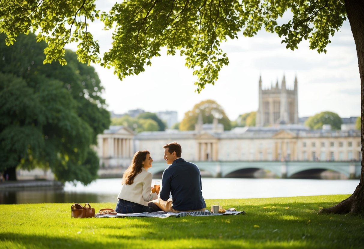 A couple picnicking under a tree in Henrietta Park, with a view of the historic architecture of Bath, UK in the background