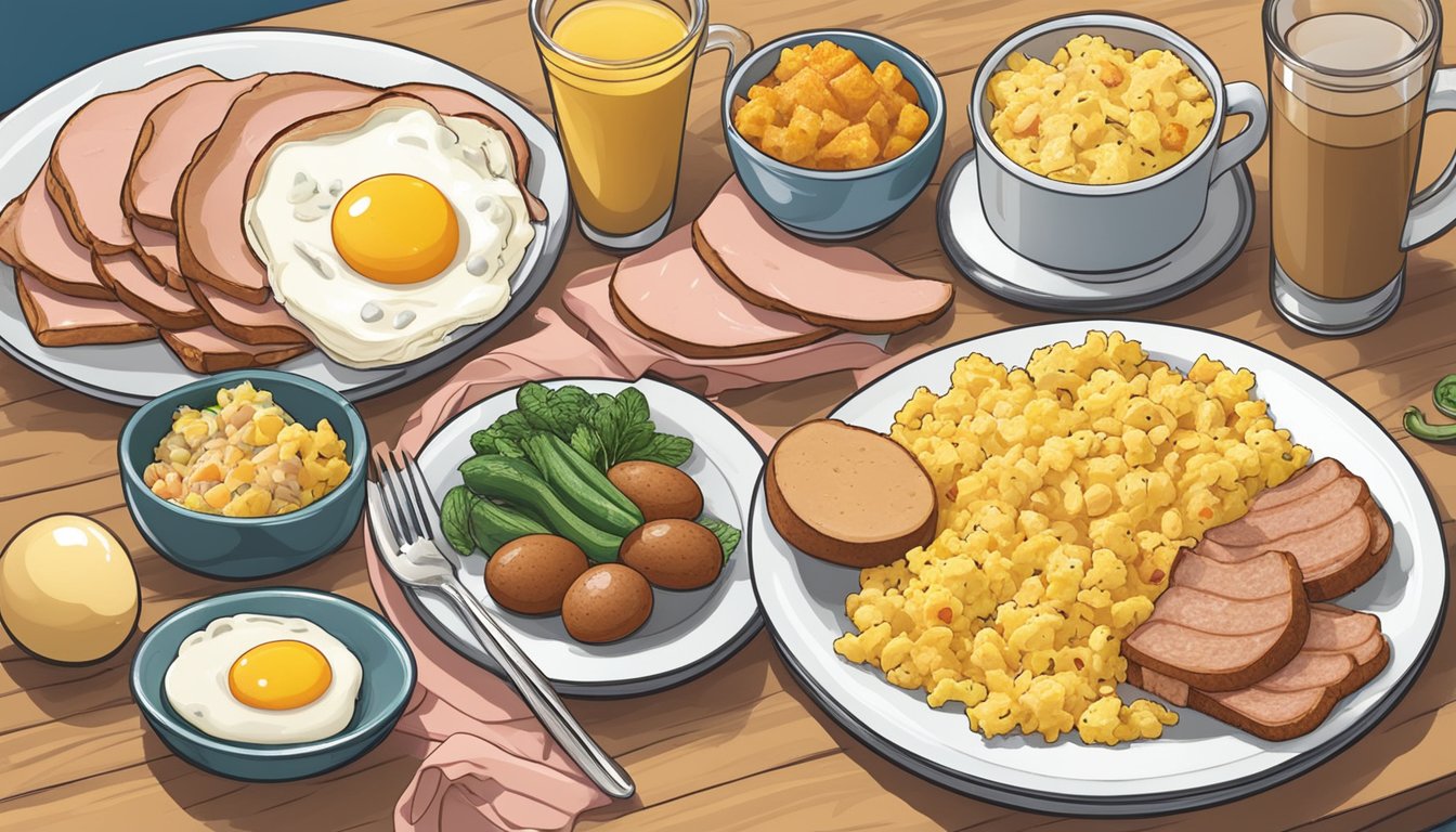 A plate with a ham, egg, and cheese scramble, surrounded by other frozen breakfast items to skip