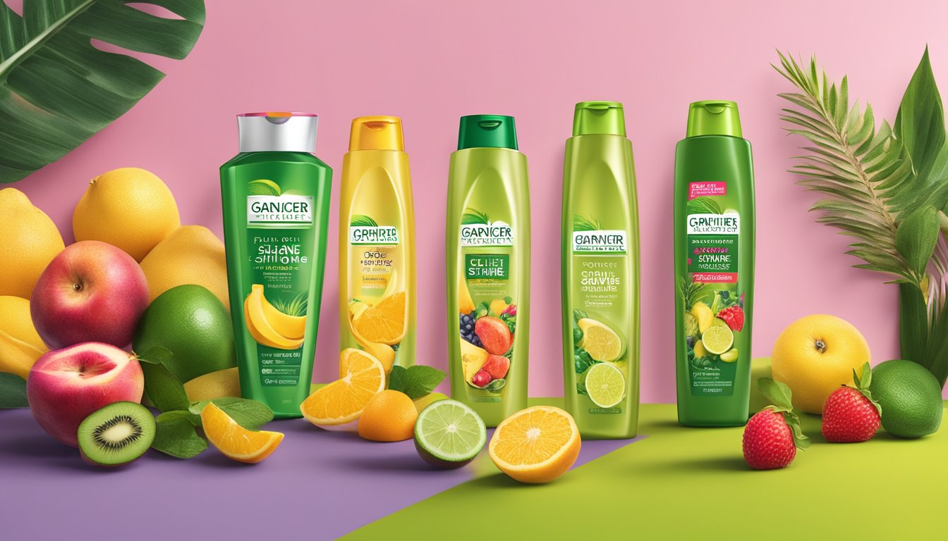 A bottle of Garnier Fructis Sleek & Shine Shampoo surrounded by various fruits and plants, with a contrasting display of artificial ingredients in the background