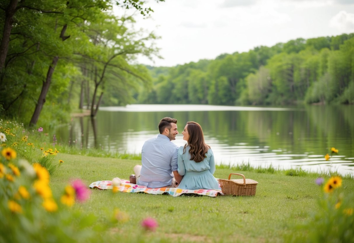 A couple picnicking by a serene lake in Ada, OK, surrounded by lush greenery and colorful wildflowers