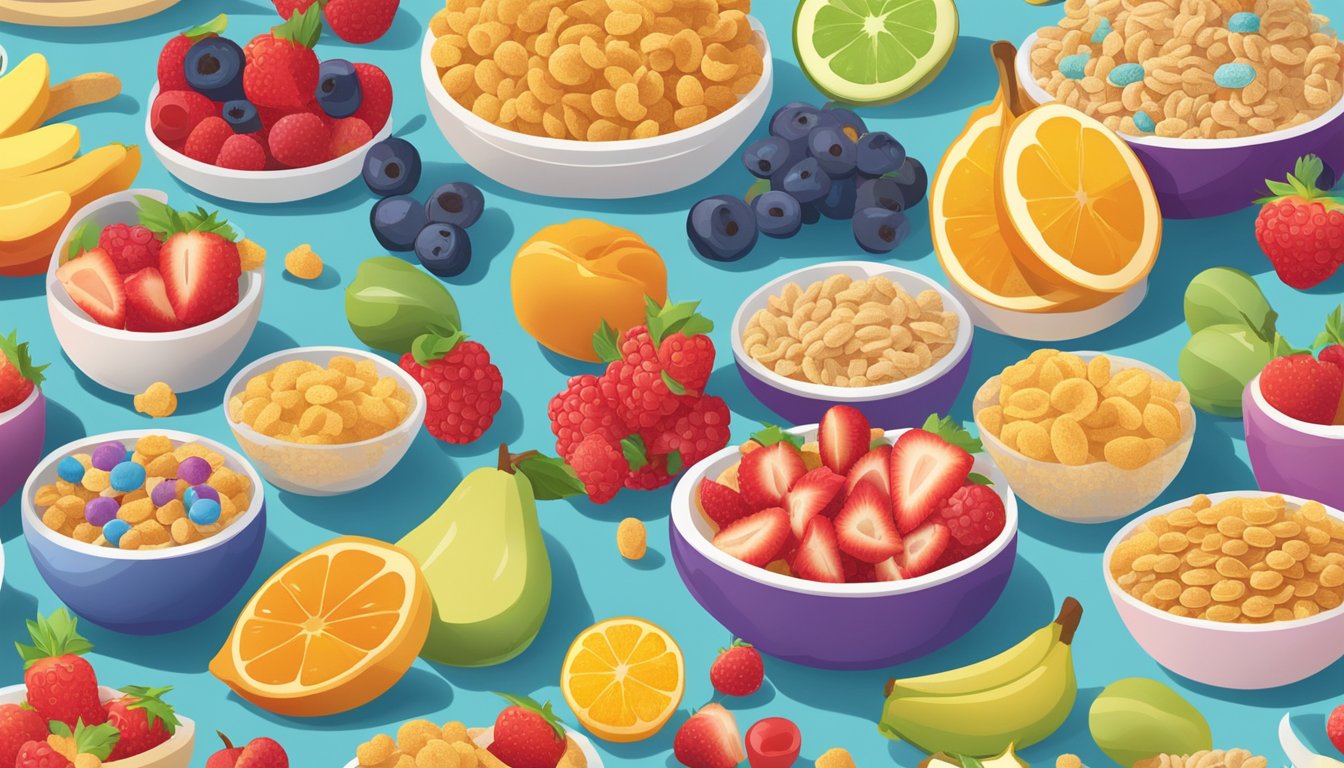 A colorful array of sugary kids' cereals arranged on a table, surrounded by images of fruit and health-related symbols