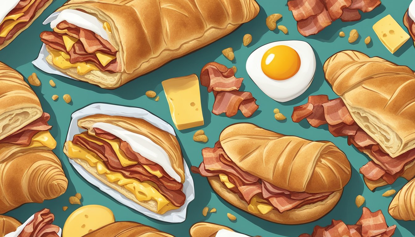 A sizzling hot pocket filled with bacon, egg, and cheese on a golden croissant, surrounded by other frozen breakfast items to skip