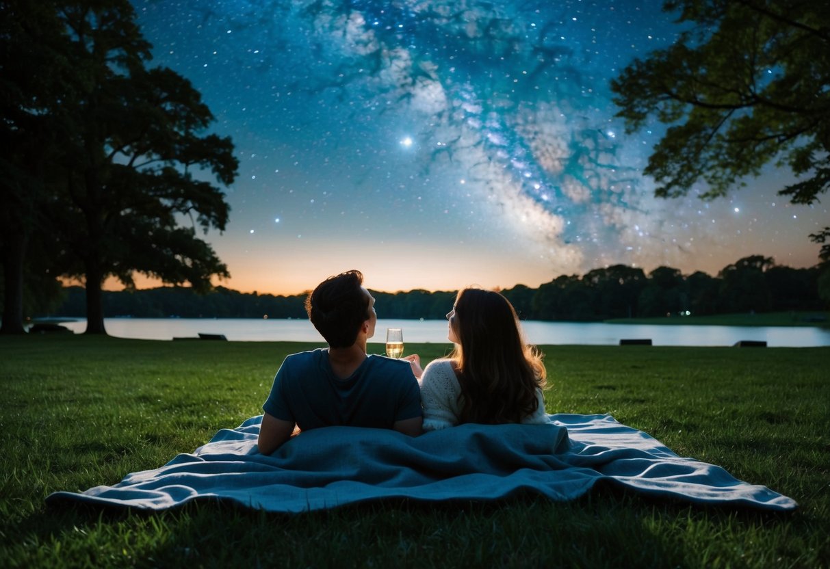 A couple lays on a blanket under the night sky at Wintersmith Park, gazing up at the stars. The park's trees and lake are visible in the background