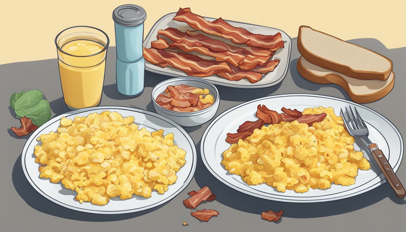 A plate of scrambled eggs with bacon sits next to a pile of discarded frozen breakfast items