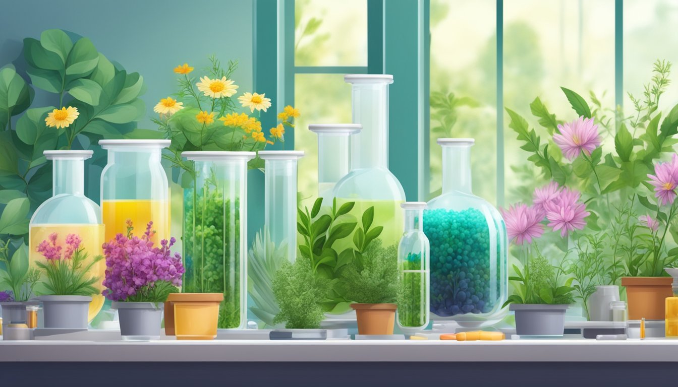 A lush garden with vibrant, blooming herbs and flowers, surrounded by laboratory equipment and artificial ingredients in test tubes