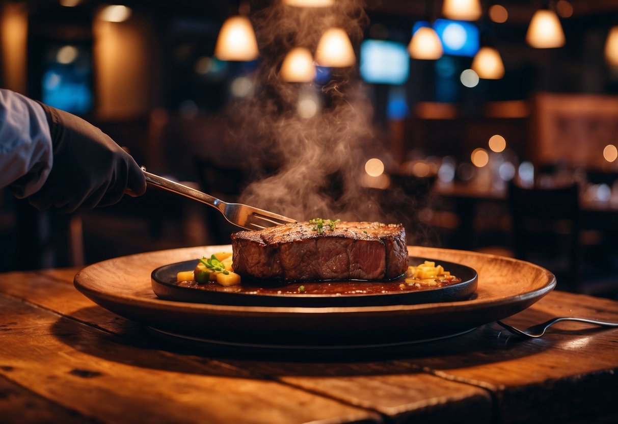 A sizzling steak dinner served on a rustic wooden table at Jake's Rib, with dim lighting and cozy ambiance