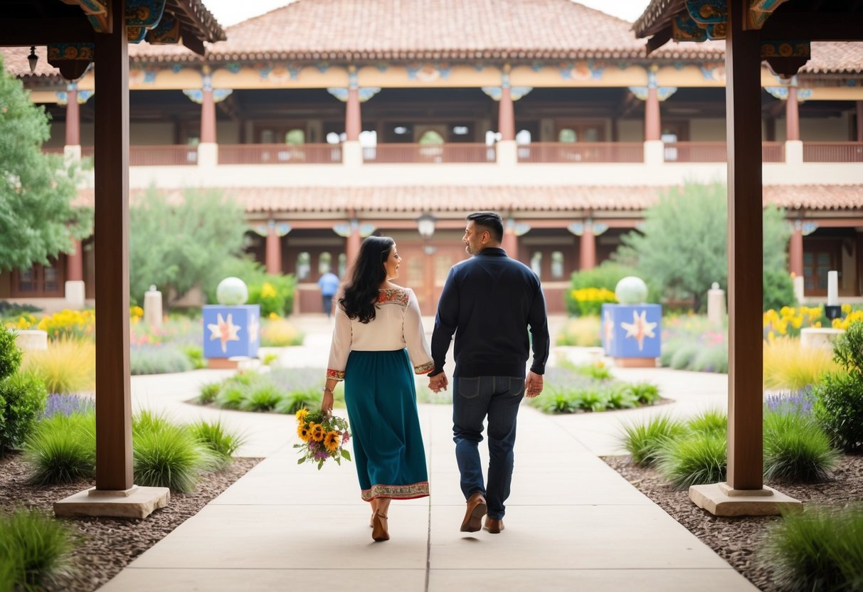 A couple walking through the Chickasaw Cultural Center, surrounded by traditional architecture, lush gardens, and cultural exhibits