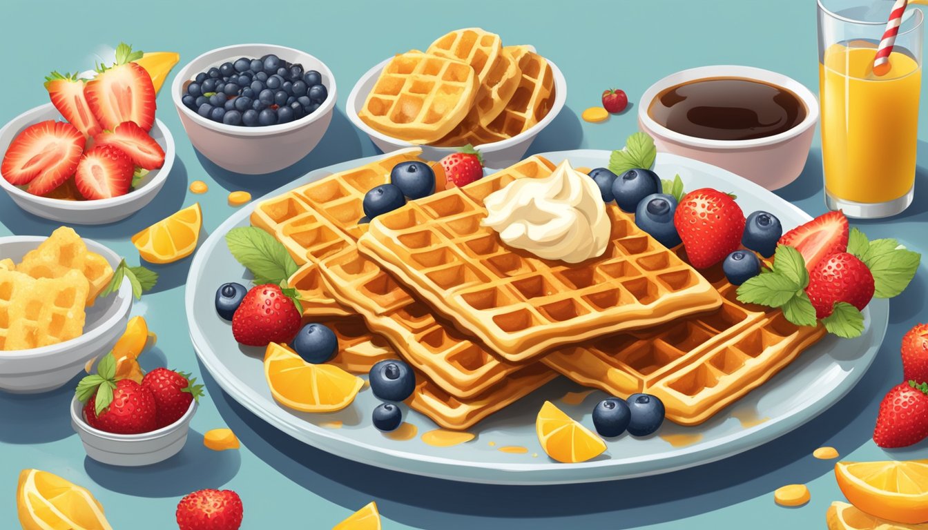 A plate of golden, crispy waffles topped with syrup and fresh fruit next to a pile of frozen breakfast items being tossed into the trash