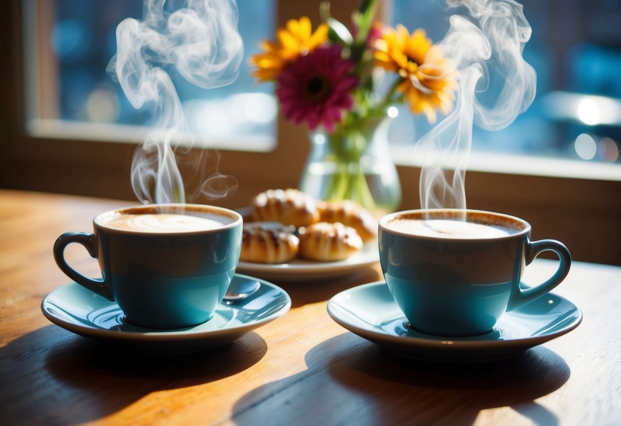 Two coffee cups on a wooden table, steam rising, with a plate of pastries and a vase of flowers. Sunlight streams through the window