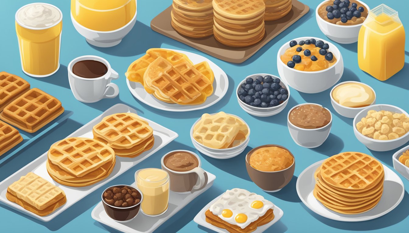 A variety of frozen breakfast items displayed with nutritional labels, including waffles, muffins, and breakfast sandwiches, arranged on a countertop