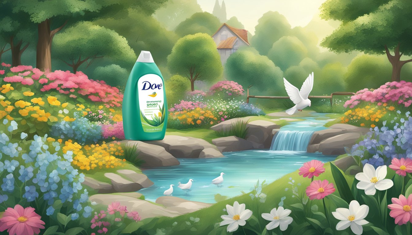 A lush garden with blooming flowers and a clear stream, surrounded by labeled bottles of Dove Go Fresh Body Wash and scattered artificial ingredients