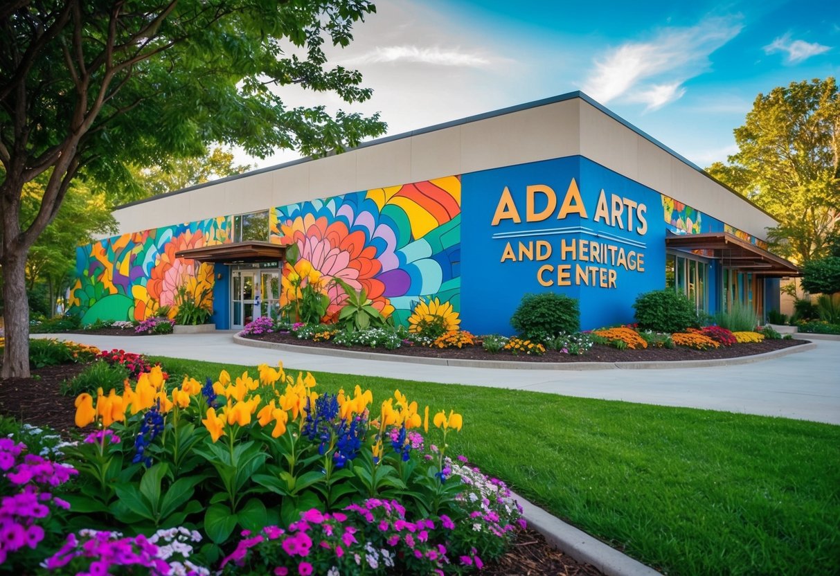 A colorful mural adorns the exterior of the Ada Arts and Heritage Center, surrounded by vibrant flowers and trees