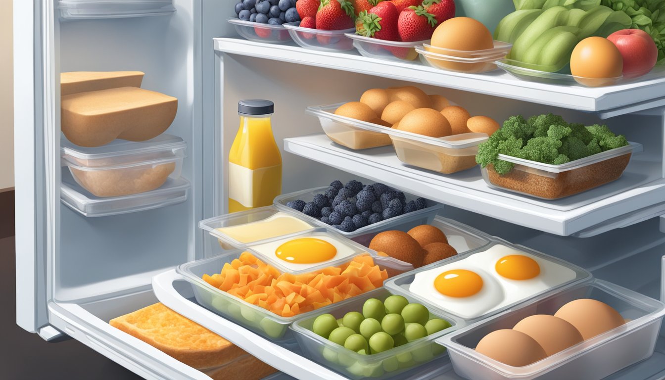 A cluttered freezer filled with frozen breakfast items, surrounded by fresh whole foods like fruits, vegetables, and eggs