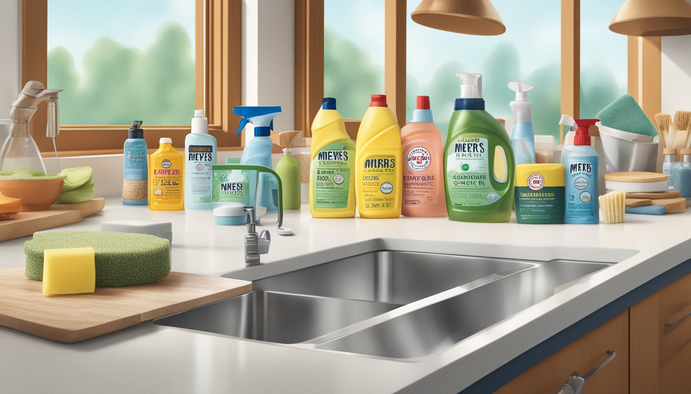 A cluttered kitchen counter with a bottle of Mrs. Meyer's Clean Day Surface Scrub surrounded by various cleaning products and artificial ingredients