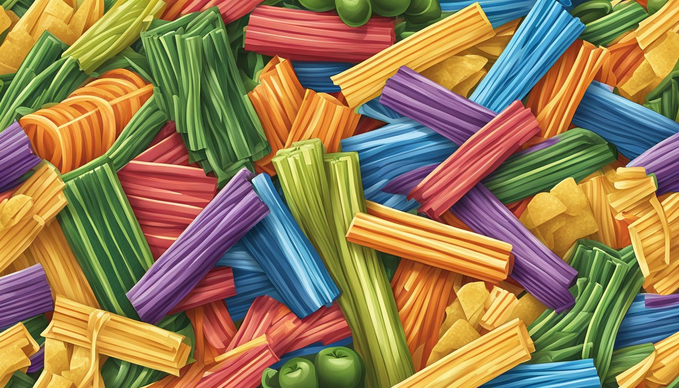 A pile of colorful veggie straws spills out of a sleek, modern package, surrounded by other highly processed foods