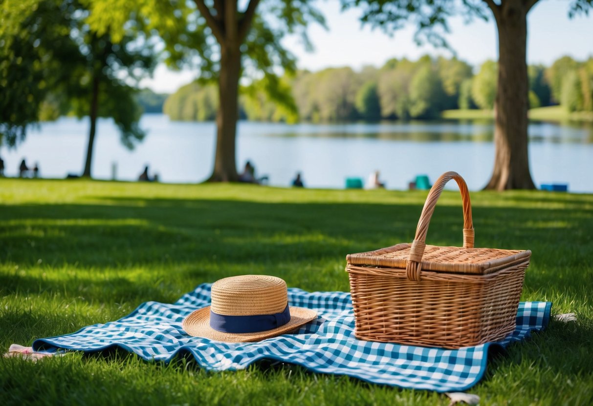 A sunny picnic in Glenwood Park with a checkered blanket, wicker basket, and a view of the lake