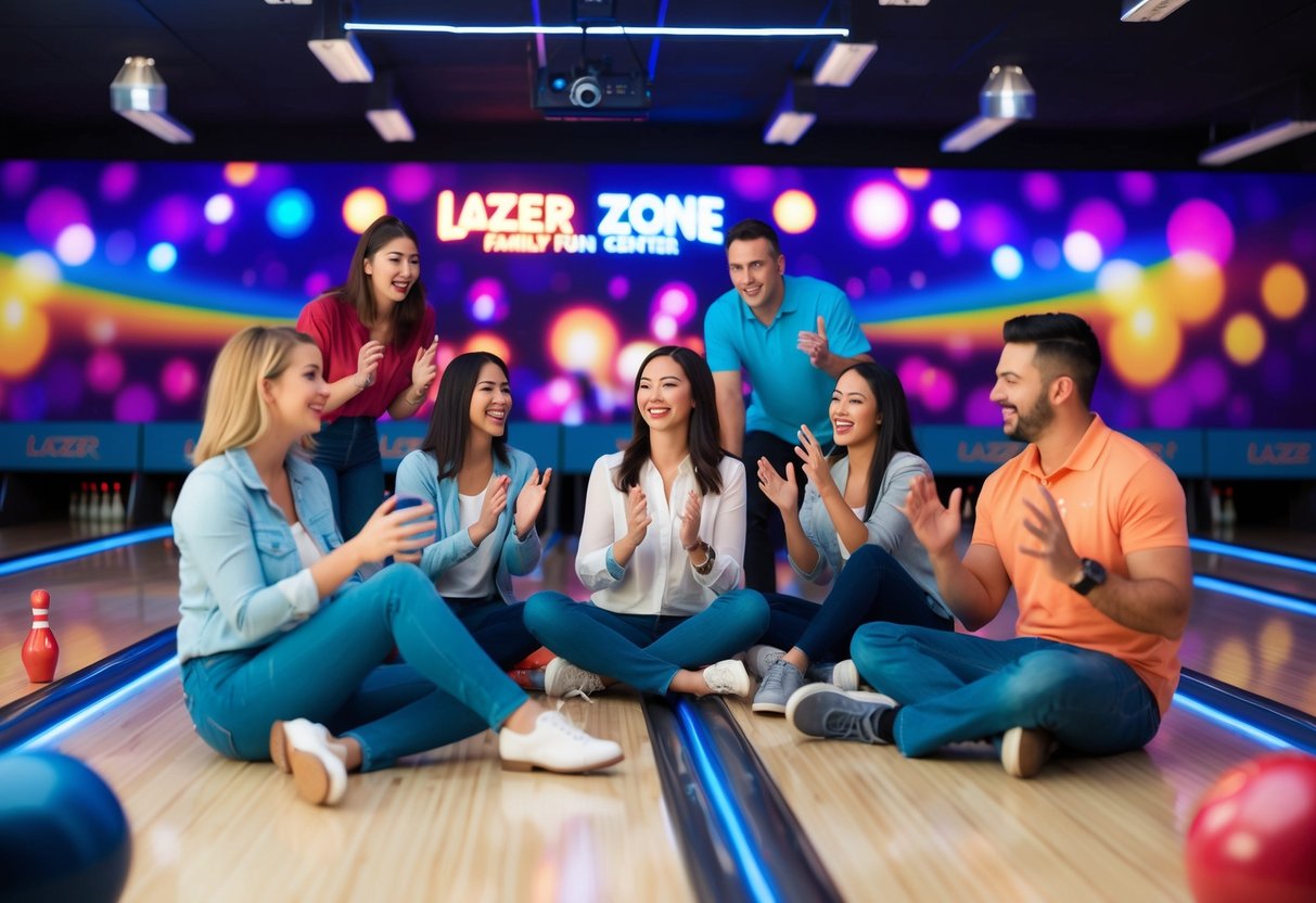 A group of people enjoy a fun night of bowling at Lazer Zone Family Fun Center, surrounded by colorful lights and the sound of crashing pins