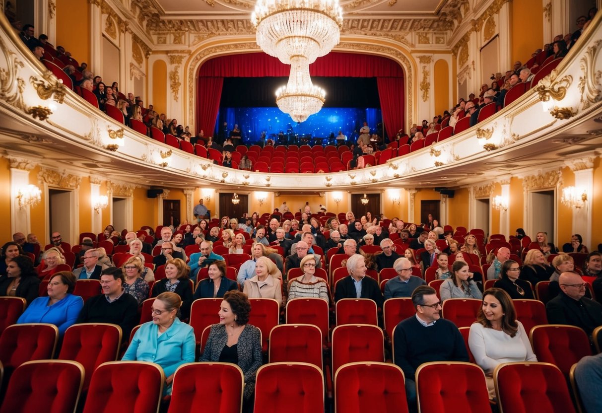 Audience members fill the ornate theater, sitting in plush red seats under the glow of chandeliers. The stage is set with a grand backdrop and elegant props for the play