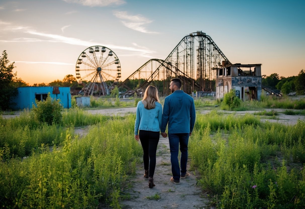 A couple explores an overgrown, abandoned amusement park at sunset, with rusted rides and crumbling buildings