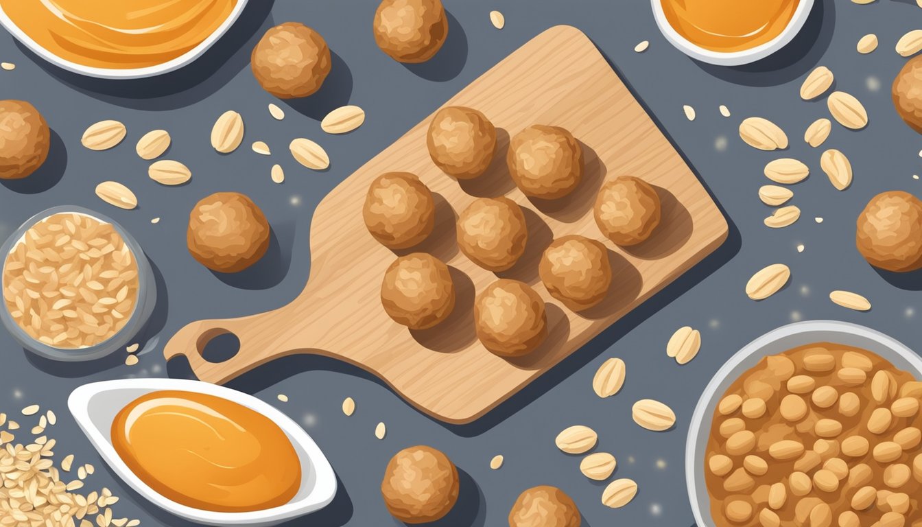 A wooden cutting board with a scattered arrangement of peanut butter and oat energy balls, surrounded by ingredients like oats, peanut butter, and honey