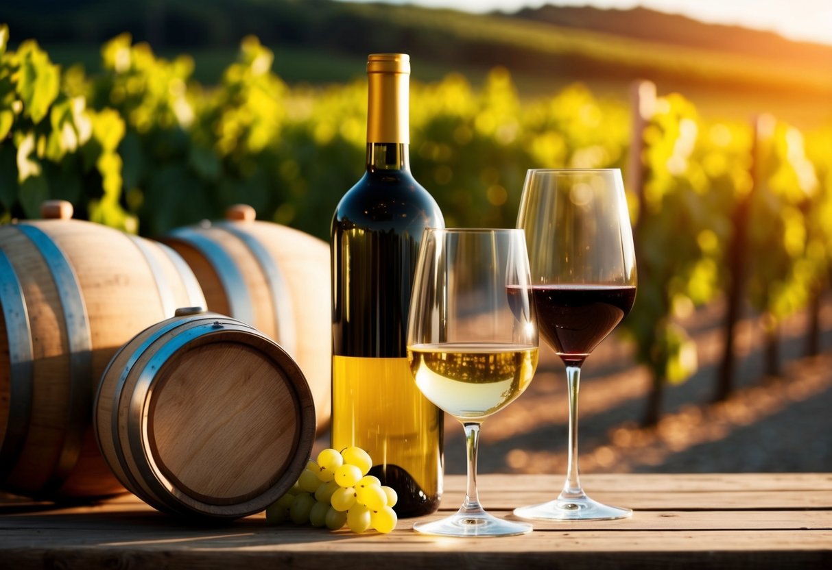 A rustic winery scene with barrels, wine glasses, and a vineyard backdrop