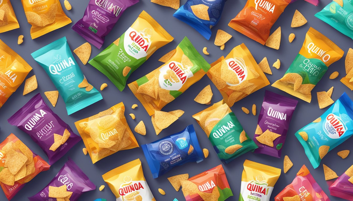 A colorful array of quinoa chips, surrounded by various processed food packaging, with a bright spotlight highlighting the "clean" label