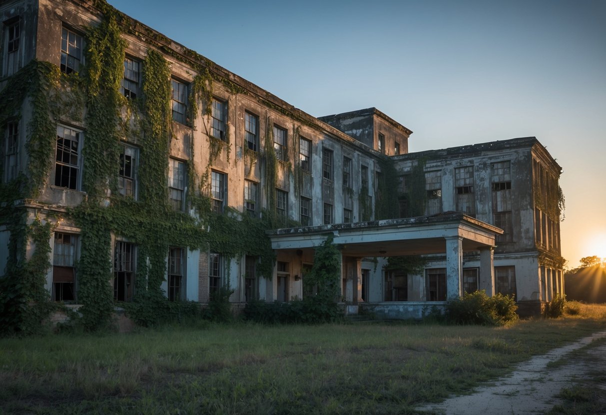 A dilapidated hospital in Savannah, overgrown with vines and surrounded by broken windows and peeling paint. The eerie atmosphere is enhanced by the setting sun casting long shadows over the crumbling structure