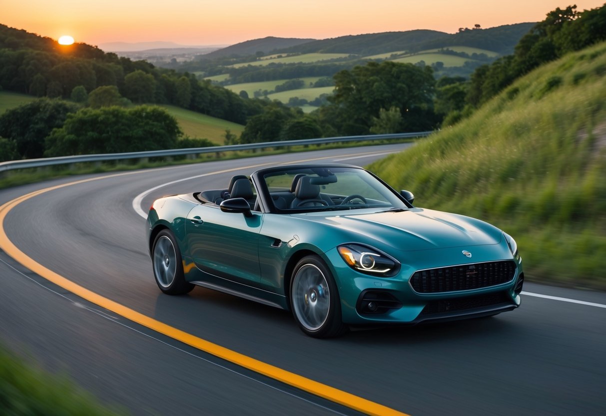A convertible car speeds along a winding road, surrounded by lush greenery and rolling hills. The sun sets in the distance, casting a warm glow over the picturesque landscape