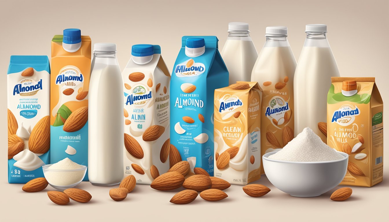 A carton of almond milk with added sugar surrounded by other packaged foods, all appearing "clean" but highly processed