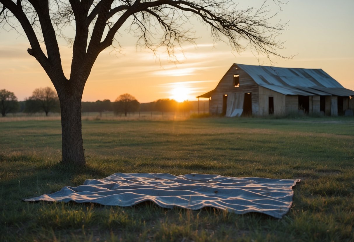 A weathered picnic blanket spreads under a lone tree at an abandoned ranch near Austin, with the sun setting behind the dilapidated barn