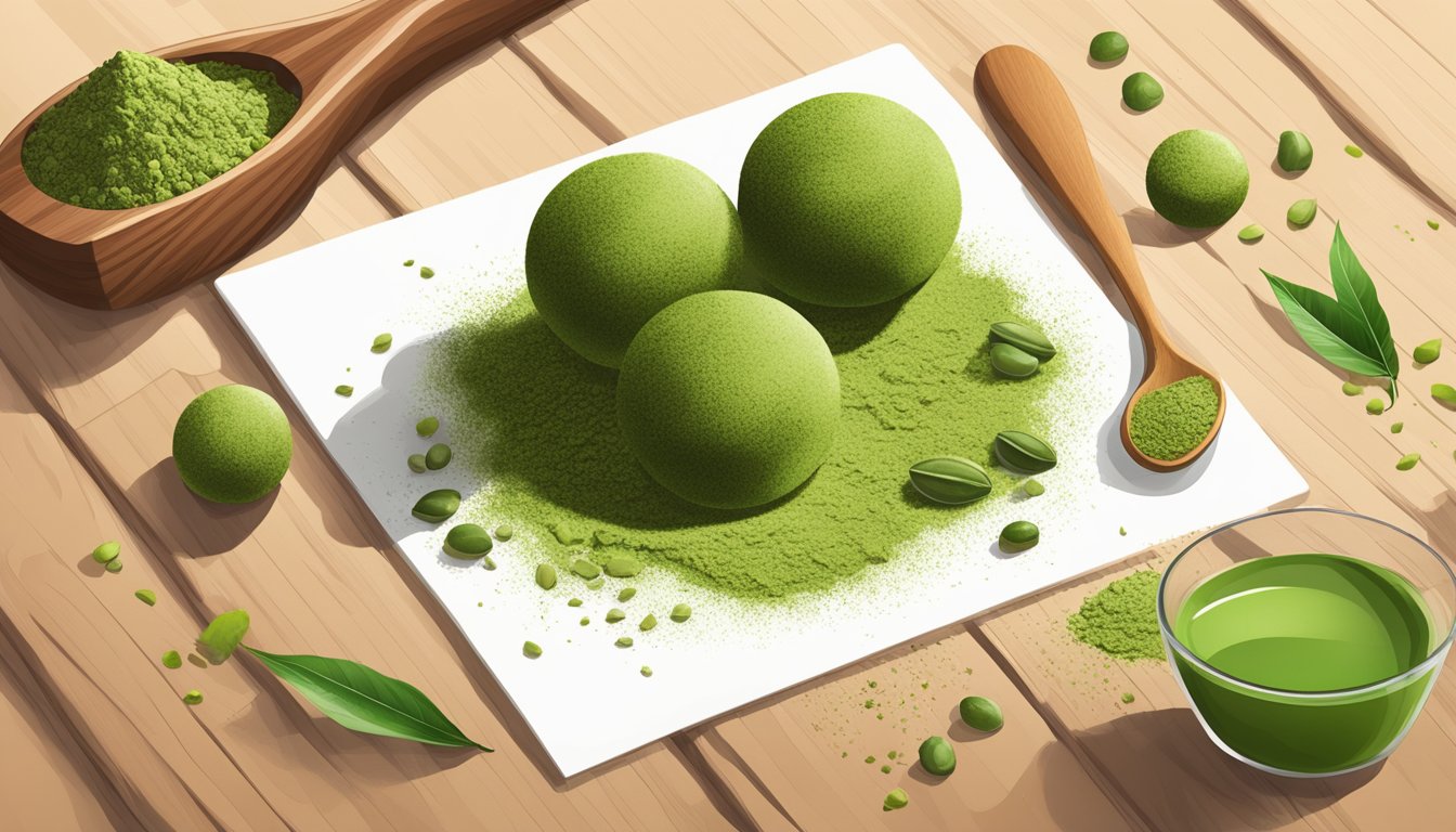 A close-up of matcha green tea energy balls arranged on a wooden cutting board, surrounded by scattered matcha powder and a few loose tea leaves