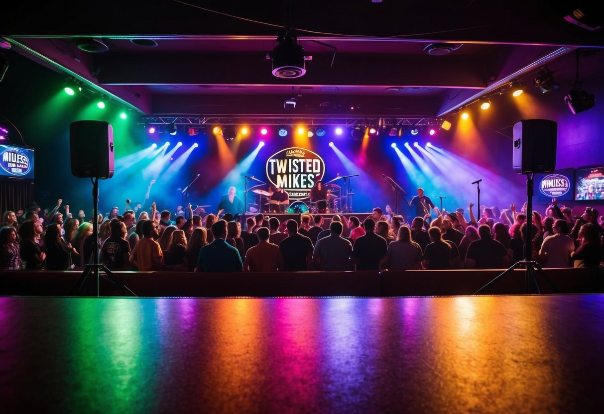 Colorful stage with flashing lights, microphone stands, and a lively crowd at Twisted Mikes Bar & Grill