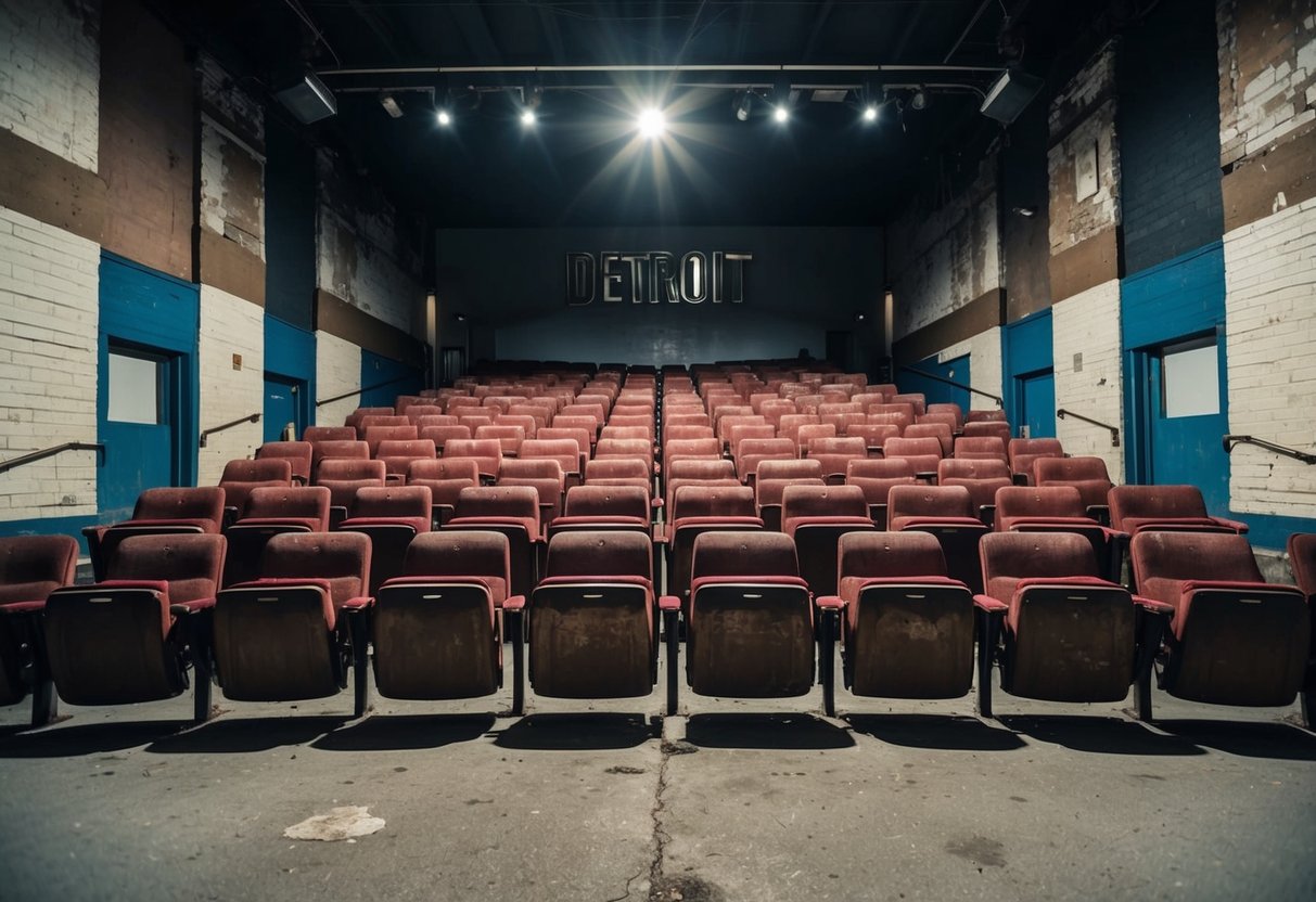 An empty theater in Detroit, with decaying seats and peeling paint, illuminated by a single spotlight
