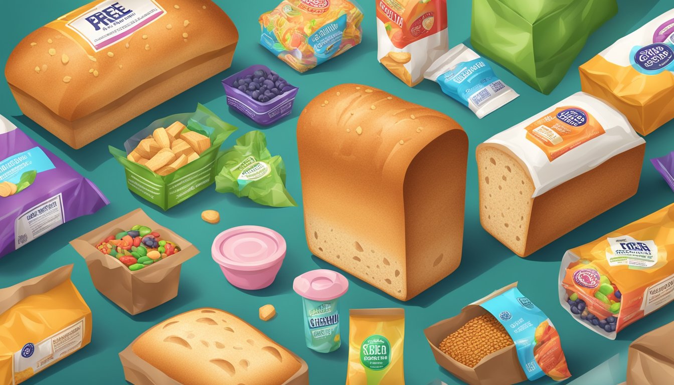 A loaf of gluten-free bread surrounded by highly processed packaged foods, with bright, colorful packaging and artificial-looking ingredients