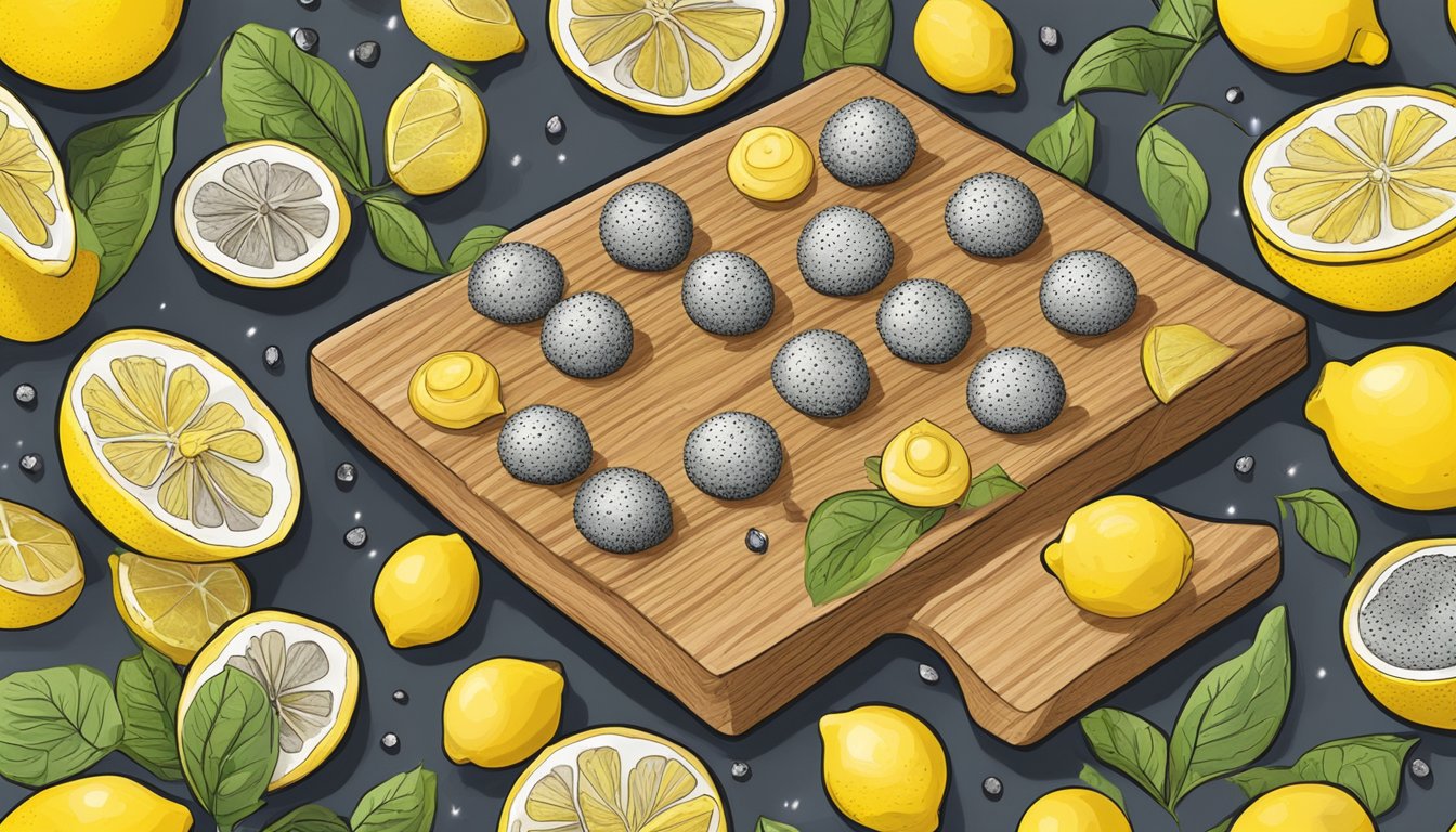 A colorful array of lemon poppy seed energy bites arranged on a wooden cutting board, surrounded by fresh lemons and poppy seeds