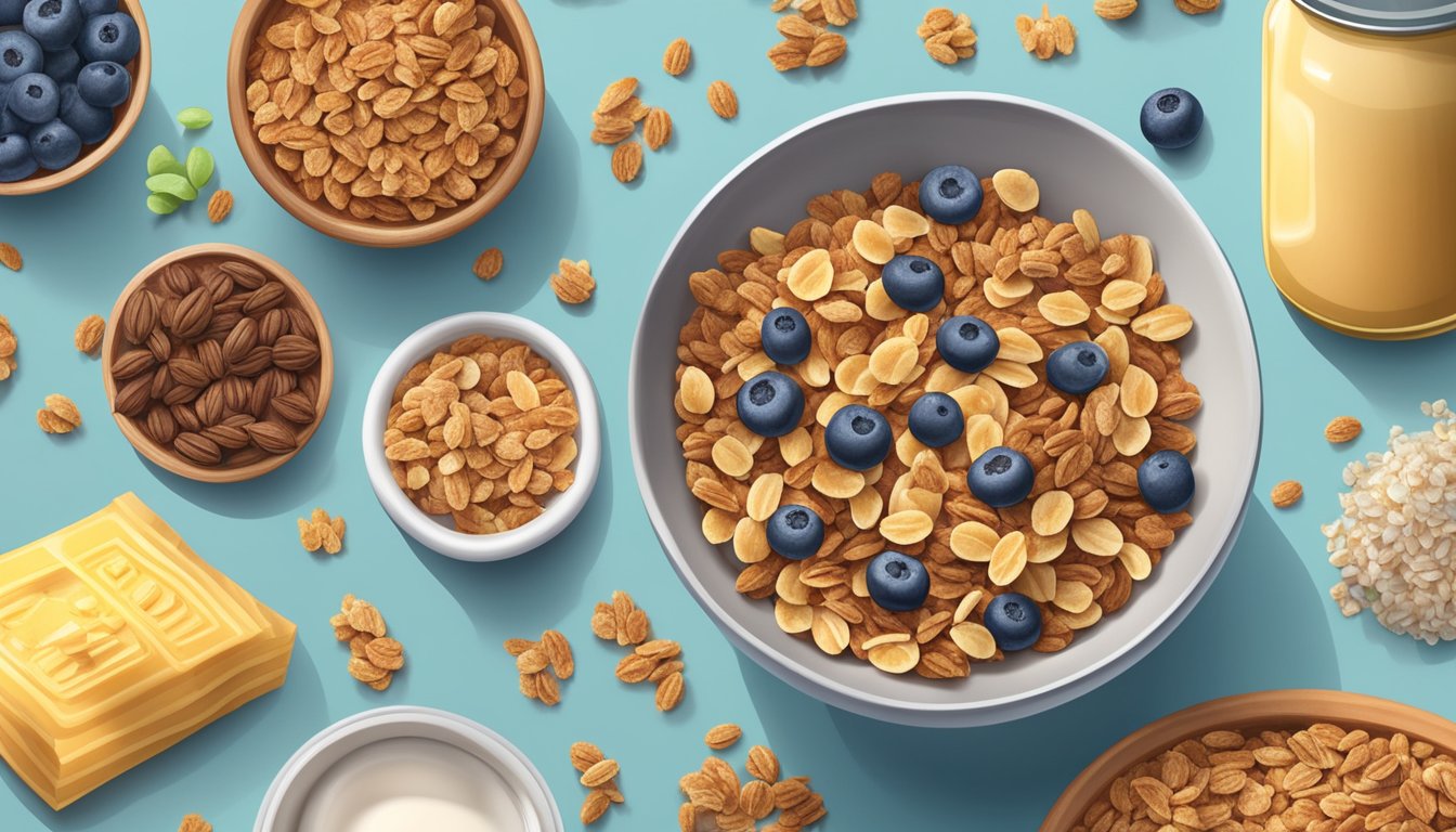 A bowl of granola with added sugar surrounded by various packaged foods, emphasizing the contrast between the "clean" label and the highly processed nature of the items