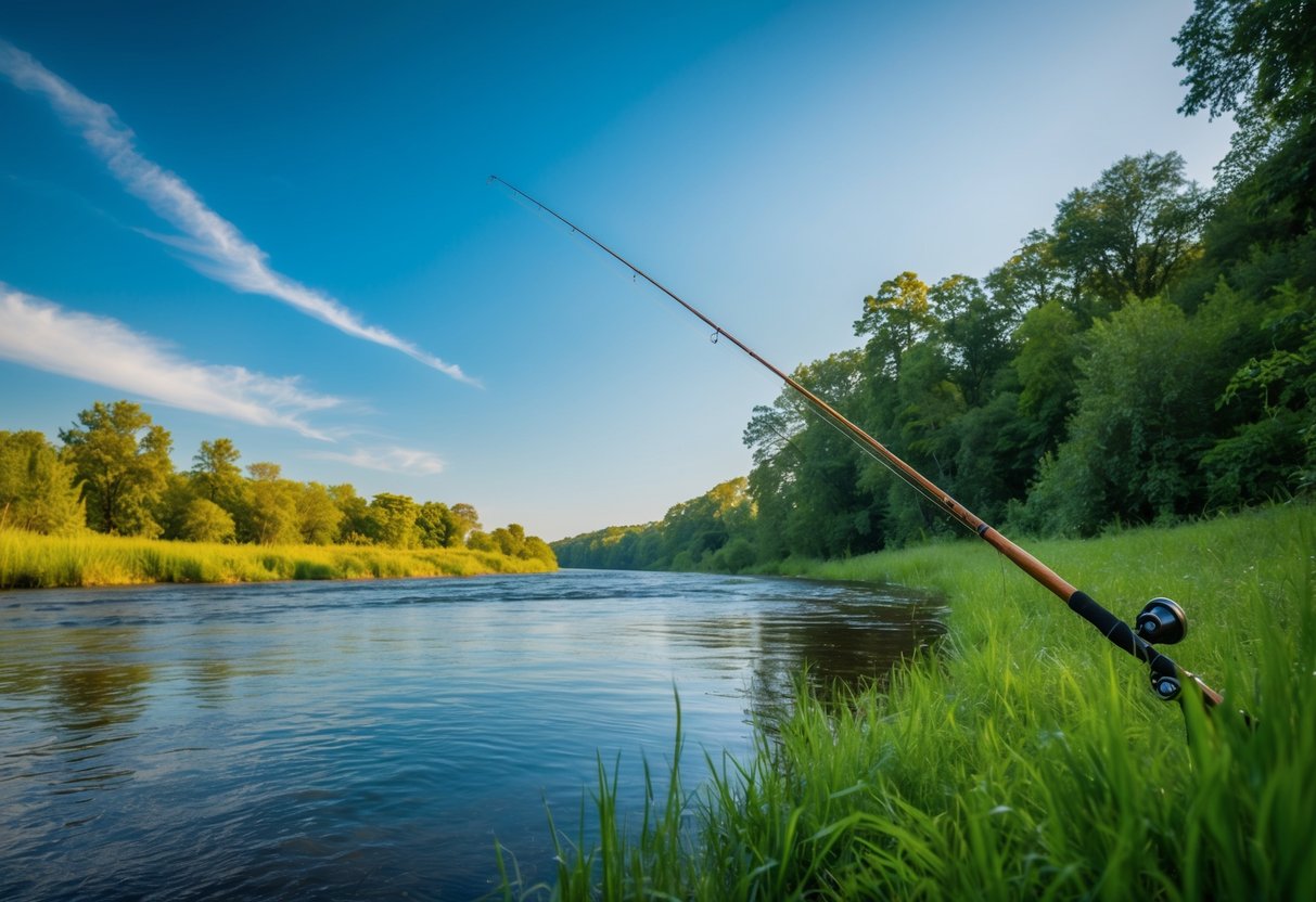 A serene riverbank with a fishing pole cast into the water, surrounded by lush greenery and a clear blue sky overhead