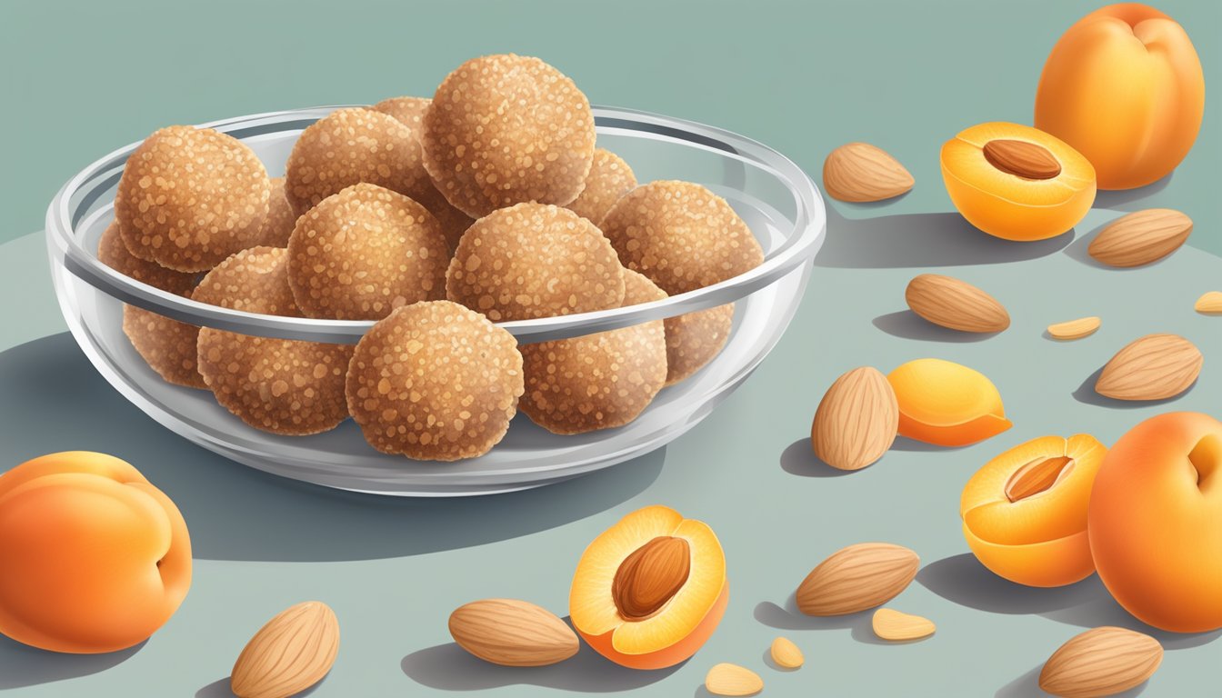 A plate of apricot almond energy balls arranged in a circle, with a scattering of almonds and apricots around them