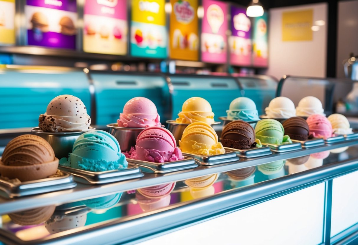 A colorful assortment of ice cream flavors displayed in a sleek, modern ice cream parlor with a retro vibe