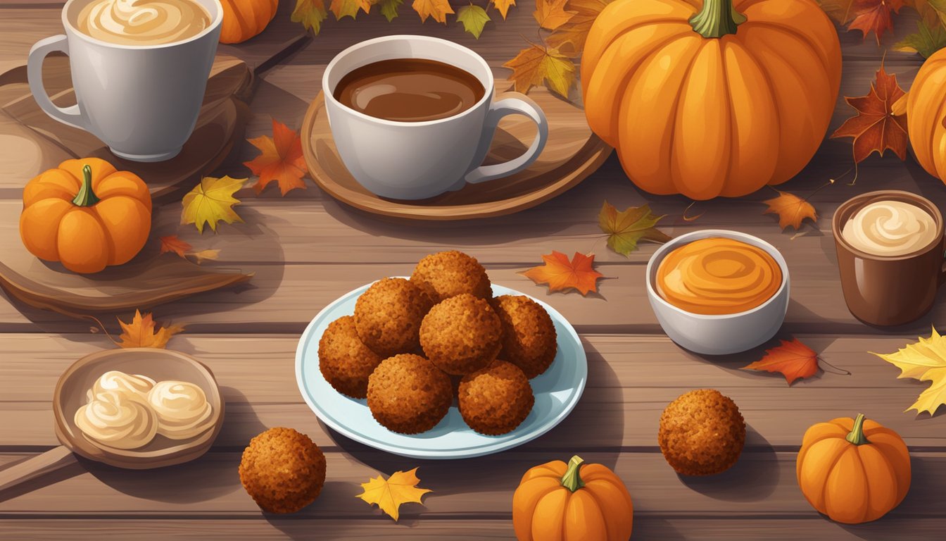 A rustic wooden table with a plate of pumpkin spice energy balls surrounded by fall-themed decorations