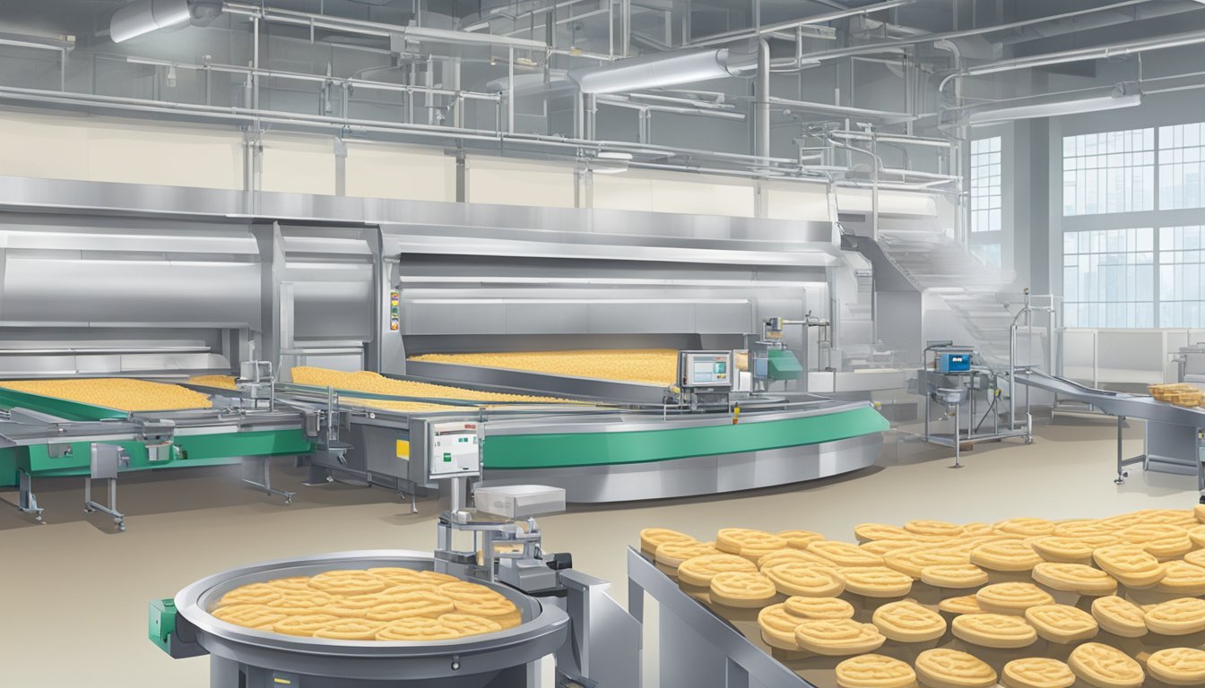 A conveyor belt in a factory, with machines producing and packaging rice cakes in a sterile, industrial setting