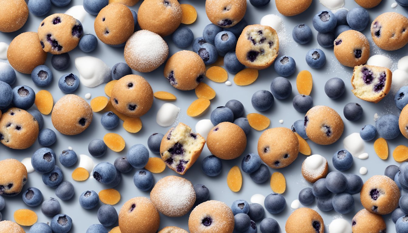 A plate of blueberry muffin energy balls surrounded by scattered blueberries and a dusting of powdered sugar